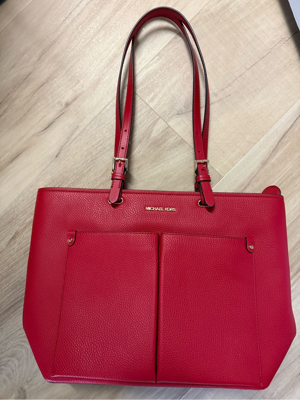 Michael Kors Red Pebbled Leather Double-Pocket Jet Set Medium Tote